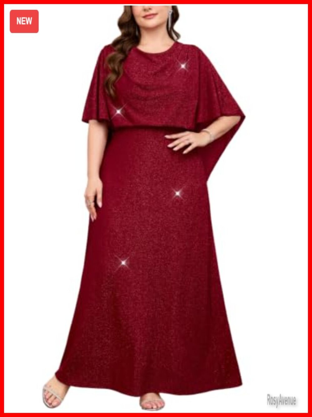 Plus Size Sparkly Formal Evening Gown Long Cape Cowl Neck Maxi Dress